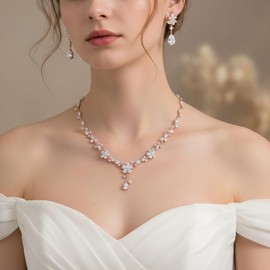 EVER FAITH Bridal Jewellery for the Bride White Cubic Zirconia Teardrop Cluster Flower Wedding Necklace Earrings Set for Women Clear Rose Gold Tone