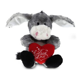 DolliBu I Love You Valentine Plush Sitting Grey Donkey - Cute Soft Cuddly Stuffed Animal with Red Heart Gift for Valentines Day, Birthday Present, Anniversary, Romantic Date - 9 Inches