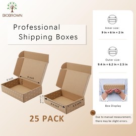 BIOBROWN 9x6x2" Small Shipping Boxes 25 Pack, Kraft Dots Corrugated Cardboard Mailer Boxes Bulk for Packaging Small Business Mailing Gift
