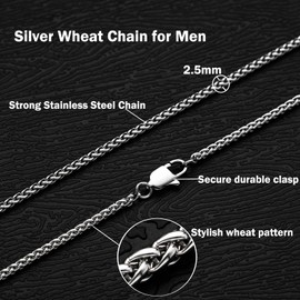 OLARCU 2.5mm/4mm Silver Stainless Steel Wheat Chain Necklace Jewelry for Men (2.5mm-Silver, 26 Inches)