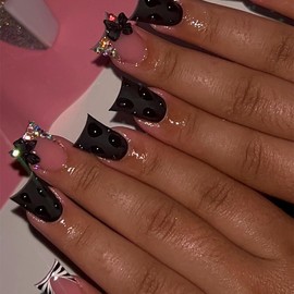 24 Pcs Black Duck Press on Nails Medium French Tip Fake Nails with Water Drop Glitter Rhinestones Acrylic Nails Designs Black Bow False Nail Tips Glue on Nails Full Cover Stick on Nails for Women