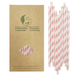 Light Pink and White Striped Paper Straws, Blush Pink White Stripe Paper Straws Disposable, 7.75 Inches, Pack of 100