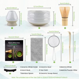 7 Pieces Japanese Matcha Ceremony Kit, Natural Bamboo Matcha Beater, Matcha Bowl, Bamboo Scoop, Strainer, Tea Towel, Whisk Holder, Complete Matcha Set, Bright White