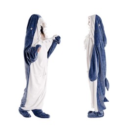 Freyamy Shark Blanket with Sleeves, Flannel Blanket with Hood for Cosplay Shows, Super Soft Sofa Cuddly Blanket, Shark Blanket, Gift for Teenagers, Hoodie Blanket with Pocket, Shark Blanket for