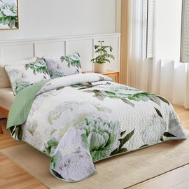 Mybedsoul Floral Quilt Set Queen Size 3 Pieces Green Flower Printed Quilt Coverlet Set with 2 Pillowcases Boho Style Lightweight Microfiber Bedding Set Bedspread for All Season