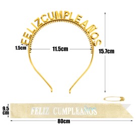 BOOMTOP Spanish Headband Birthday Headband Feliz Cumpleaños and Sash Set Hair Accessories Gold