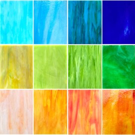 ILLUCKAI 12 Sheets Stained Glass Sheet Green Blue Orange Collection, 4 x 6 inch Cathedral Art Glass for Crafts, Stained Glass Supplies Mosaic Tiles for Projects