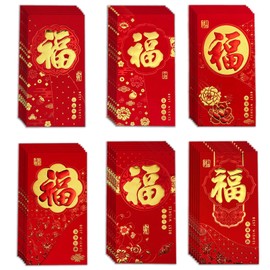 Bedemu 36Pcs Chinese New Year Red Envelopes, Lunar New Year of The Snake Red Envelopes 2025 with 6 Gold Embossed Fu Designs, Red Envelope Packets Hong Bao for Spring Festival Birthday Wedding, L