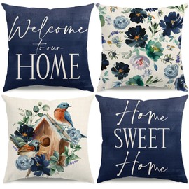 KISVODS Spring Pillow Covers 18x18 Navy Blue Spring Summer Farmhouse Decorations Floral Birds Throw Pillow Covers Home Sweet Home Cushion Case for Sofa Couch Set of 4