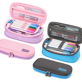 rockpapa Expandable Cute Pencil Case for Girls, Aesthetic Pencil Case with Compartments, Pencil Pouch with Zipper for Kids, Pencil Box Bag Holder Organizer for School Pink Purple+Blue Grey