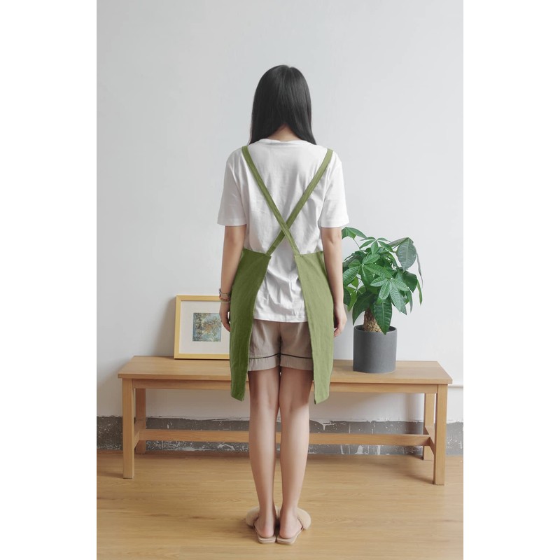 BBYBBS Kitchen Apron Japan Style Cotton Linen Two Pockets Adjustable