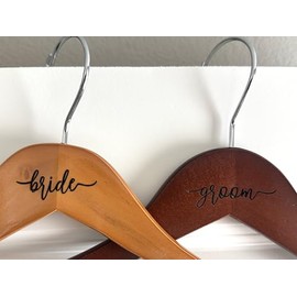 Bride & Groom Engraved Wooden Hangers Set of 2 with Swivel Hooks & Adjustable Clips - Solid Wood with Stainless Steel bar for Dress, Suit, Pants - Keepsake Wedding Gift (Natural Walnut)