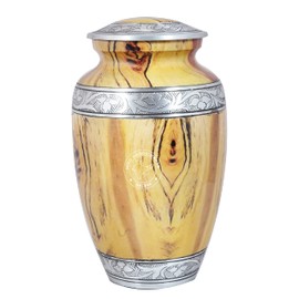 Hind Handicrafts Floral Silver Engraved Cremation Urn for Human Ashes Adult - Handcrafted Funeral Memorial Ashes Urn - Large Columbarium Urn - Bag Included (Yellow Wood)