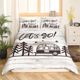 Happy Camping Duvet Cover Queen Size Travel Car and Tree Comforter Cover with 2 Pillowcase for Teens Adults Kids Camper Bedding Set Vintage Wood Panels Breathable 3 Pieces Decorative Bed Cover