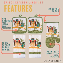 PREMIUS 5 Piece Owls Printed Kitchen Linen Set, 2 Cotton Towels, 2 Potholders, 1 Oven Mitt with Hanging Loop, 100% Cotton Material on Front & Polyester Backing, Perfect Kitchen Accessory, Gift