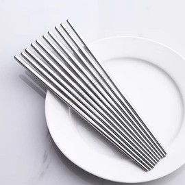 5 Pair Set, Korean Metal Chopsticks Set, 18-8 Stainless Steel, 8.9 inches (22.5 cm), Square Chopsticks Lightweight, Hollow Chopsticks, Anti-Slip, Silver, Korean Tableware, Dishwasher Safe, Stylish, Korean Spreads, Cutlery