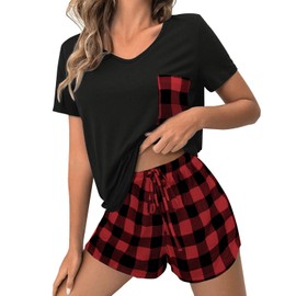 JUSTFASHIONNOW Pajamas for Women Shorts Set V Neck Casual Short Sleeve Summer Lounge Sets Loungewear Sleepwear 2 Piece Pjs Sets Reddish Black XL