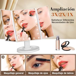 Espejo de Maquillaje Iluminado,Espejo para Maquillaje Triptico con 6 Pinzas Cabello,Espejo Luz LED Maquillaje 2X 3X Aumento,Espejo Cosmético de Mesa  