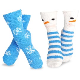 Christmas Holiday Slipper Socks 2-Pair for Women Reindeer Stripes Snowflakes (Blue Reindeer Snowflakes)