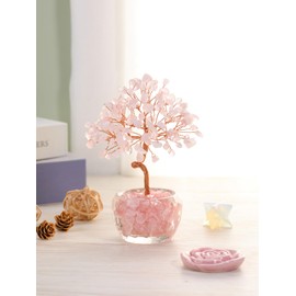MANIFO Rose Quartz Crystal Tree with Glass Base Gemstone Trees for Positive Energy Office Decor Fengshui Tree Gift
