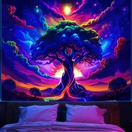 Apdidl Blacklight Posters Tree of Life Tapestry for Bedroom Aesthetic, Black Light UV Reactive Starry Sky Space Tapestries, Colorful Nature Landscape Wall Hanging for Living Room Decor (51"X60")