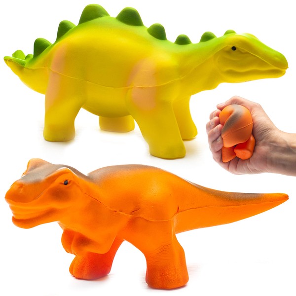 Prextex Jumbo Slow Rising Dinosaur Squishies (Pack of 2) - Squishy Toys, T-Rex & Stegosaurus | Squeeze Sensory Toy for Stress Relief, Stocking Stuffers, Toy Dinosaurs, Kids Toys, Dinosaur Party Favors