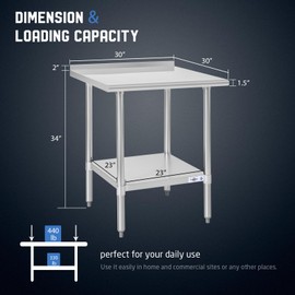 Profeeshaw Stainless Steel Prep Table NSF Commercial Work Table with Backsplash and Undershelf for Kitchen Restaurant 30x30 Inch