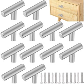 Firrepu 12 PCS T Bar Handle,Stainless Steel Cabinet Pulls,50mm Kitchen Cabinet Handles,Single Hole Drawer Knob Pulls,Furniture Knobs with Screws,for Cabinet Cupboard Wardrobes Bathrooms Doors,Silver