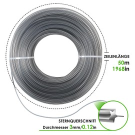 YedZen Trimmer Line 3 mm x 50 m, Universal Reinforcement Star Profile Brush Cutter Thread, Nylon Thread for Brush Cutter, Thread Line for Grass Trimmer