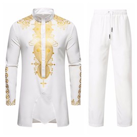 UNINUKOO African Dashiki for Men 2 Piece Sets Traditional Gold Print Shirts and Pants Suit Outfit US Size M B-White