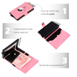 WALLFID AirTag Wallet Credit Card Holder for Men, Leather Card Holder, RFID Blocking Pop Up Metal Bank Card Holder, pink, Modern functionality