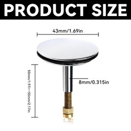 Wjelet Bath Plug - 43mm Adjustable Pop-Up Drain Stopper, Solid Brass Chrome Plated, UK Standard Bathtub Replacement Plug With 8mm Pole