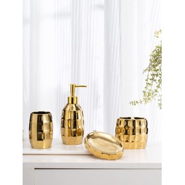 LiveHouse Bathroom Accessories Set, Golden Mosaic Ceramic Bathroom Accessory Sets Include Lotion Dispenser, Toothbrush Holder Tumbler, and Soap Dish