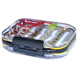 Outdoor Planet Double Side Waterproof Pocketed Fly Box + Assorted Trout Fly Fishing Lure Pack of 35 Pieces Fly Lure