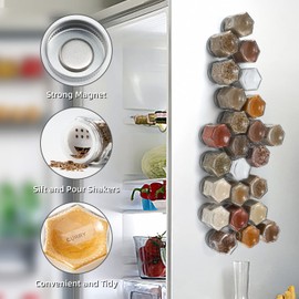 Homazing Set of 24 Hexagon Glass Spice Jars with Shaker Lids and Labels for Refrigerator, Kitchen, RV Travel Trailer Magnetic Containers