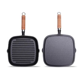 Xiaocao8 9 Inch Nonstick Grill Pan for Stove Tops, Versatile Uncoated Non-stick Surface Pan, Cast Iron Steak Pot, Indoor & Outdoor Grilling, Free Clips and Oil Brushes