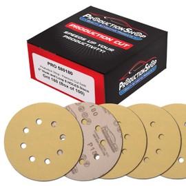 ProductionShop Premium 180 Grit 5" Gold Sanding Discs, 8-Hole Pattern, Box of 100 - Dustless Hook & Loop Backing Sandpaper for DA & Random Orbital Sanders, Sand Auto Paint, Wood Woodworking Furniture