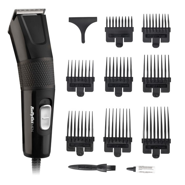 Babyliss 7755U Men Hair Clipper, Diamond Sharp Stainless Steel Blades, 8 Comb Guides, Mains Powered, Hair Styles at Home, Comb Included, Smooth & Precise, Black