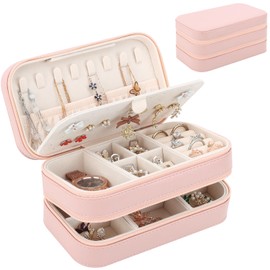 DesignSter Jewellery Box Organiser, Small Portable Travel Jewellery Case with 2 Zippers for Rings Earrings Necklace, Double Layers PU Leather Jewellery Storage Box, Pink