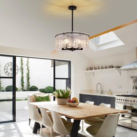 KELUOLY Black Round Crystal Chandeliers, 17.7" Farmhouse Water Ripple Glass Light Fixture, 5-Light Modern Drum Pendant Lighting Ceiling Hanging Light Fixture for Kitchen Island Dining Room Bedroom