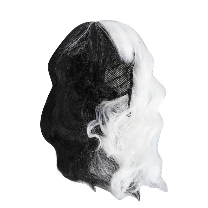 Black and White Short Curly Wig Women Cosplay Party Shoulder
