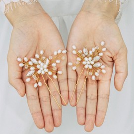 Handcess Bridal Hair Pin Pearl Crystal Flower Headpiece Rhinestone Wedding Hair Accessories for Women and Girls (Pack of 2) (Gold)