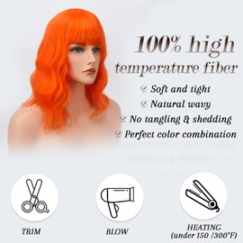 BARSDAR Pastel Wavy Wig Fluffy Lovely Curly Wigs with Bangs 14 Inches Soft Heat Resistant Synthetic Hair Shoulder Length Cosplay Party Wig with Free Wig Cap for Women/Girl- Bright Orange
