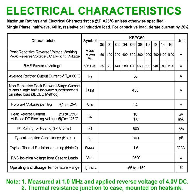 8PCS Bridge Rectifier Diode KBPC5010 1000V 50A AC to DC