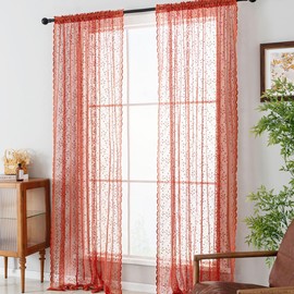 Pikiuche Voile Sheer Curtains for Bedroom - Floral Lace Curtains for Windows, Vintage Net Curtains 72 Inches Long for Living Room, Light Fliter Privacy Sheer Curtains 54 x 72 Inch, 2 PCs, Terracotta