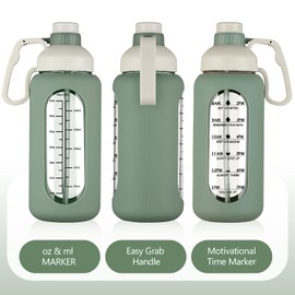 MUKOKO 64oz Glass Water Bottles with Straw, Half Gallon Water Bottle with Time Marker, Motivational Water Bottle with Silicone Sleeves,Large Glass Water Bottle for Gym,Working,Outdoor,Olive