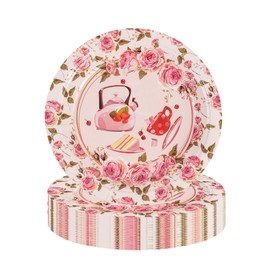 BOKFJBP 50pcs Tea Party Paper Plates, Tea Party Birthday Supplies Floral Garden Teapot Teacups Tableware Party Decorations for Girls Birthday Party, Graduation, Wedding, Christmas (Floral, 7in)