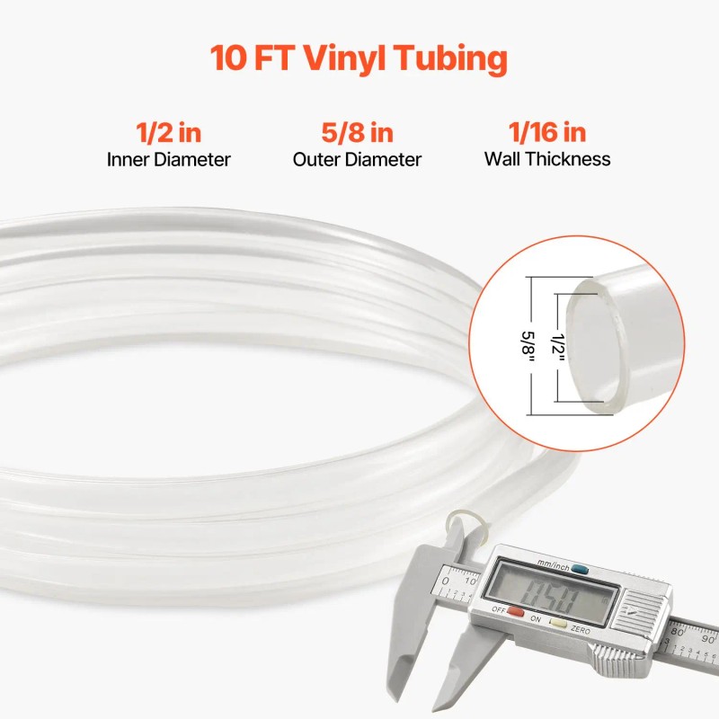 1/2\" ID X 5/8\" OD Clear Vinyl Tubing 10FT High-Strength