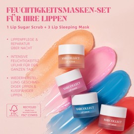 ANRCOLLECT Lip Mask + Lip Scrub, Lip Scrub, 4P Lip Care Set with 3 Lip Sleeping Masks, Lip Mask Overnight, Lip Balm Set for Dry, Brittle, Cracked Lips, Fine Lines & Wrinkles