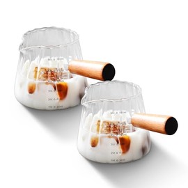 YARRAMATE 2 Pack Glass Measuring Cup with Wooden Handle – Espresso Shot Cups, Ribbed Milk Frothing Pitcher, Dual Scale Markings，V-Shaped Mouth for Easy Pouring, 6OZ/180ML